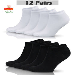 12 pares de meias esportivas de algodão com corte baixo, homens, mulheres, preto e branco, unissex, meias tornozelo