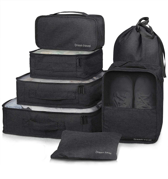 Conjunto de bagagem 7 em 1 para viagem, malas leves de compressão e bolsas de armazenamento em cubo, capas de viagem dos sonhos