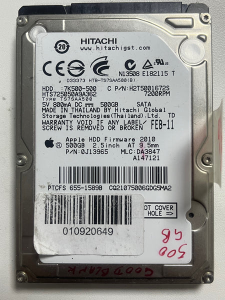 Hitachi Apple Hard Drive 655-1589B MacBook Pro 13” 15” A1278 A1286 2.5" 500GB HDD Unibody HGST SATA Internal 9.5mm