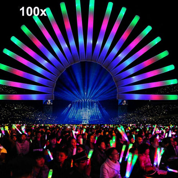 100 LED Foam Sticks Flashing Lights Multi Colour Glow In Dark Party Rave Concert Glowsticks 100PCS