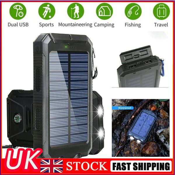 Waterproof 20000mAh Solar Power Bank LED USB Battery Charger iPhone Mobile Phone Smartphone