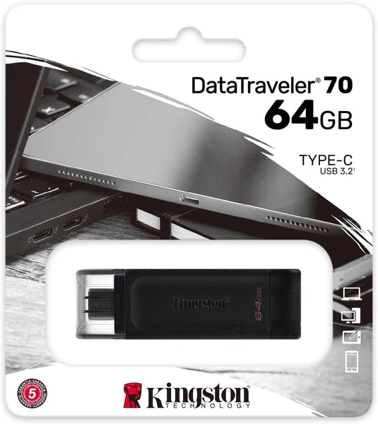 Kingston 64GB DataTraveler 70 USB 3.2 Gen1 Type-C Memory Pen Drive USB-C Storage Stick with Cap Black