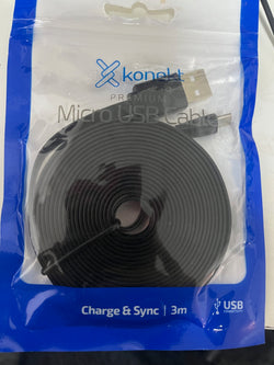 Konekt 3m Flat Micro-USB Cable 3.0 metre Black Universal Smartphone Power Charge Lead