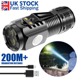 Super Bright Mini Pocket Tactical LED Torch Camping Flashlight USB Rechargeable Black 200+ Metre Beam