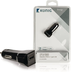 Konig Cargador Coche Universal Salida 5V 1.2A 1x USB Negro iPhone Samsung Móvil Ph