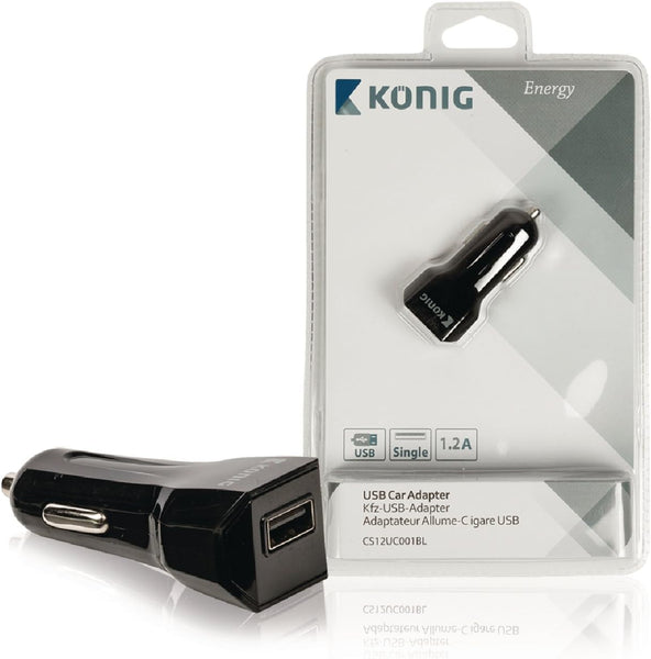 Konig Universal Car Charger 5V 1.2A USB iPhone Smartphone 12V Cigarette Adapter Lighter Socket