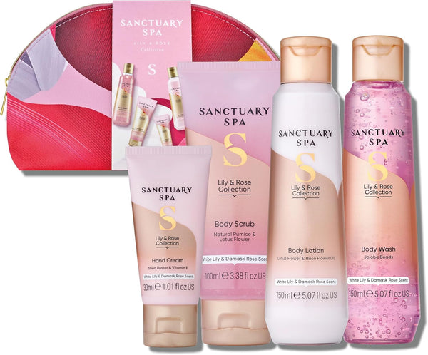 Sanctuary Spa Lily & Rose Body Wash Lotion Hand Cream Ladies Bath Gift Set + Bag 4x Products with Scrub & Free Toiletry Bag Vegan and Cruelty-Free