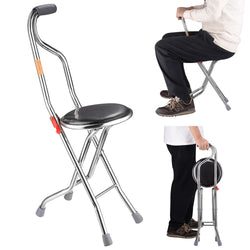 Holds 187.4 Lbs Folding 2-in-1 Support Cane Seat Travel Chair and Walking Stick Mobility Four-Leg Stainless Steel Lightweight Aid