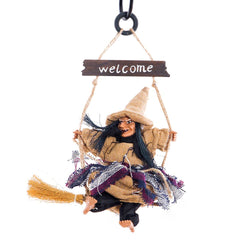 Scary Horror Flying Witch Doll Halloween Party Hanging Home Decorations Pendant with 'WELCOME' Message and Broomstick