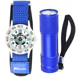R4402 RAVEL FOOTBALL KIDS WATCH & LED TORCH GIFT SET Blue Strap with Soccer Face