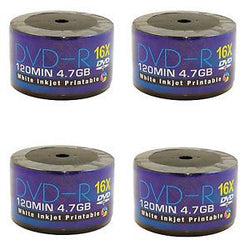 200 DVD AONE DVD-R 16X Escribir discos en blanco FF Blanco Inkjet imprimible (Quad 4 Pack de 50 Spindle/Cake Box)