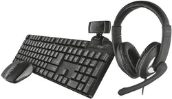 Trust Qoby 4 em 1 pacote completo para home office teclado Qwerty sem fio, mouse, fone de ouvido e conjunto de webcam - preto
